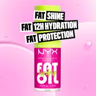 NYX Professional Makeup Fat Oil Lip Drip in vanilla scent with bright pink packaging, highlighting fat shine, 12H hydration, and protection benefits.