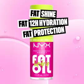 NYX Professional Makeup Fat Oil Lip Drip in vanilla scent with bright pink packaging, highlighting fat shine, 12H hydration, and protection benefits.