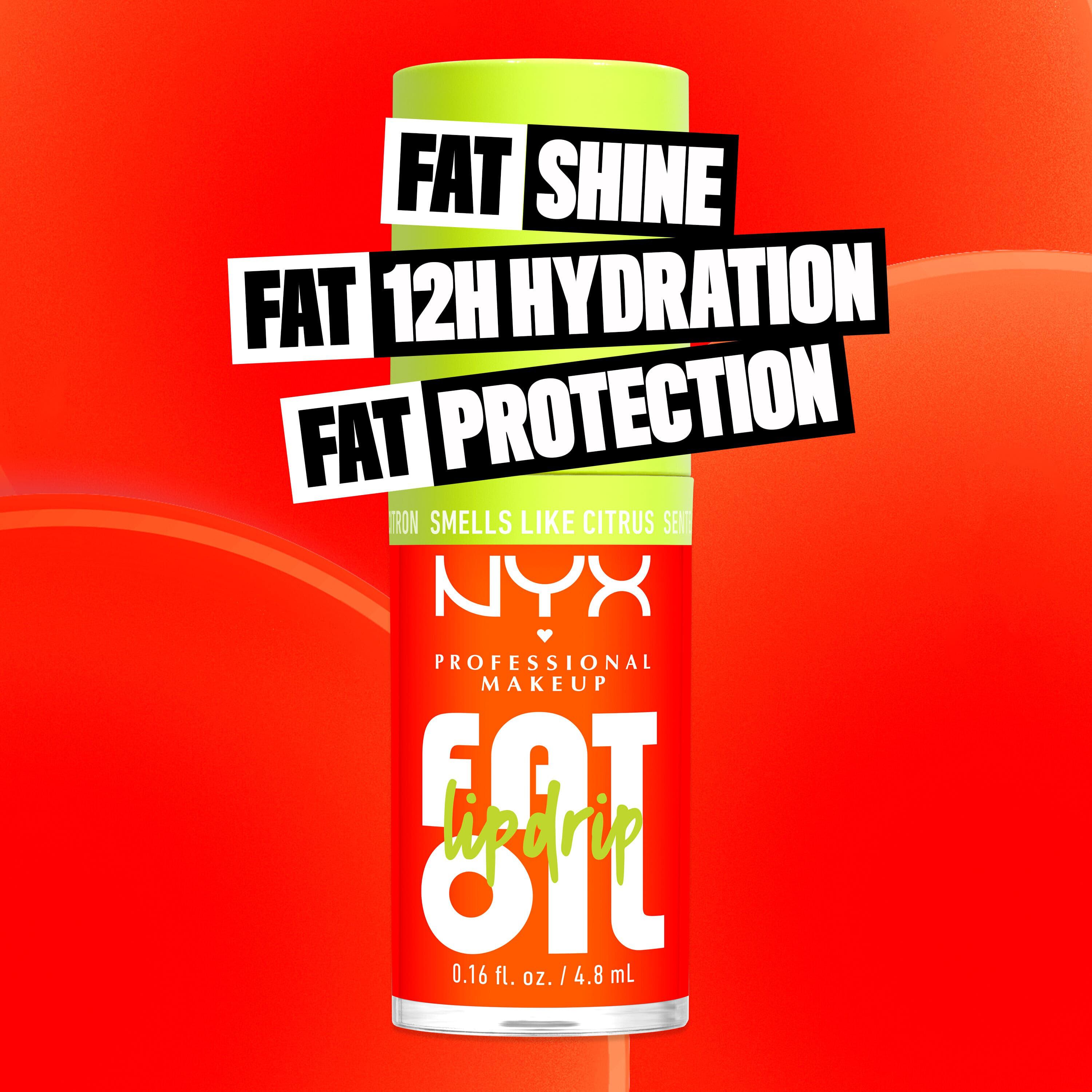 NYX Professional Makeup Fat Oil Lip Drip with citrus scent shown in bright orange packaging, highlighting fat shine, 12H hydration, and protection benefits.