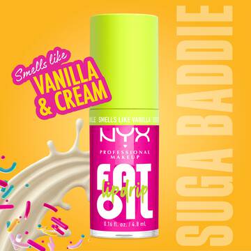 NYX Professional Makeup Fat Oil Lip Drip lip gloss in bright pink packaging with lime green cap, vanilla cream scent callout, and creamy splash with colorful sprinkles on yellow background.
