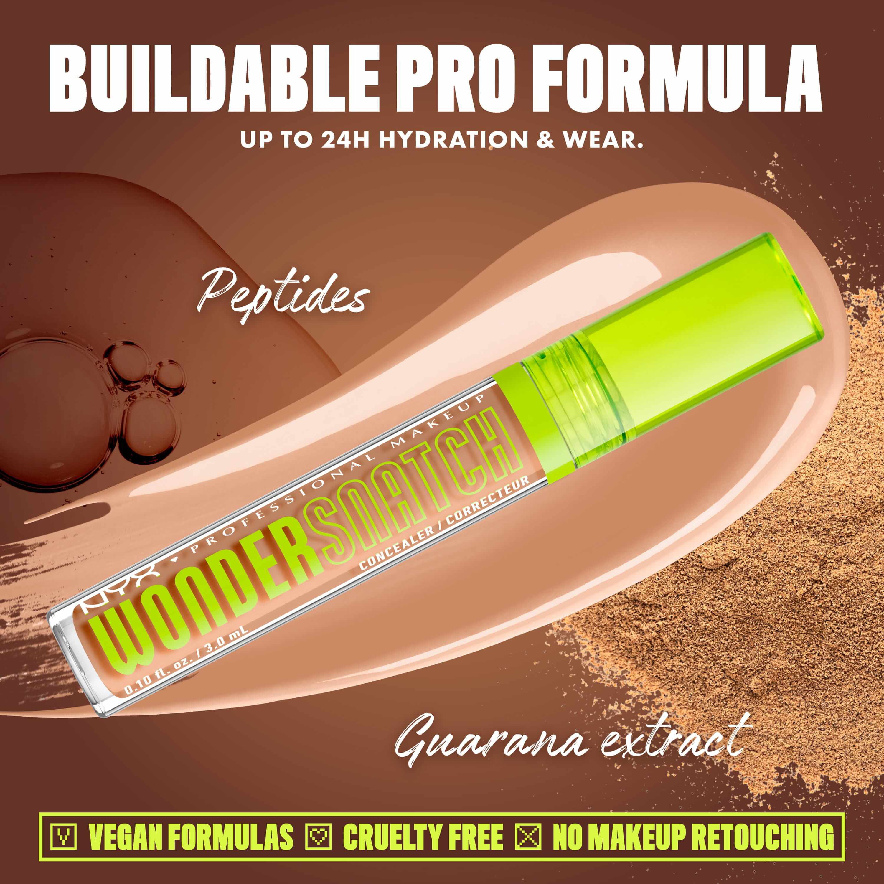 Wonder Snatch(TM) Concealer image with text: "Buildable Pro Formula. Up to 24H Hydration & Wear. Peptides. Guarana extract. Vegan Formulas. Cruelty Free. No Makeup Retouching."