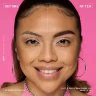 Model shown before and after using NYX Fluff and Snatch Brow Powder Pen against a pink background in shade 06 Brunette