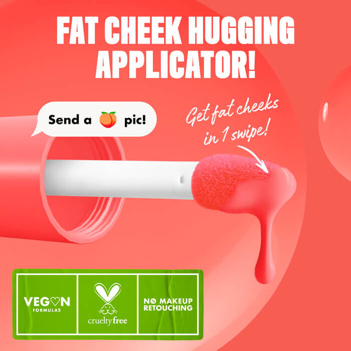 Closeup of the Fat Cheeks liquid blush applicator in shade Papaya Plump with text "get fat cheeks in 1 swipe!"