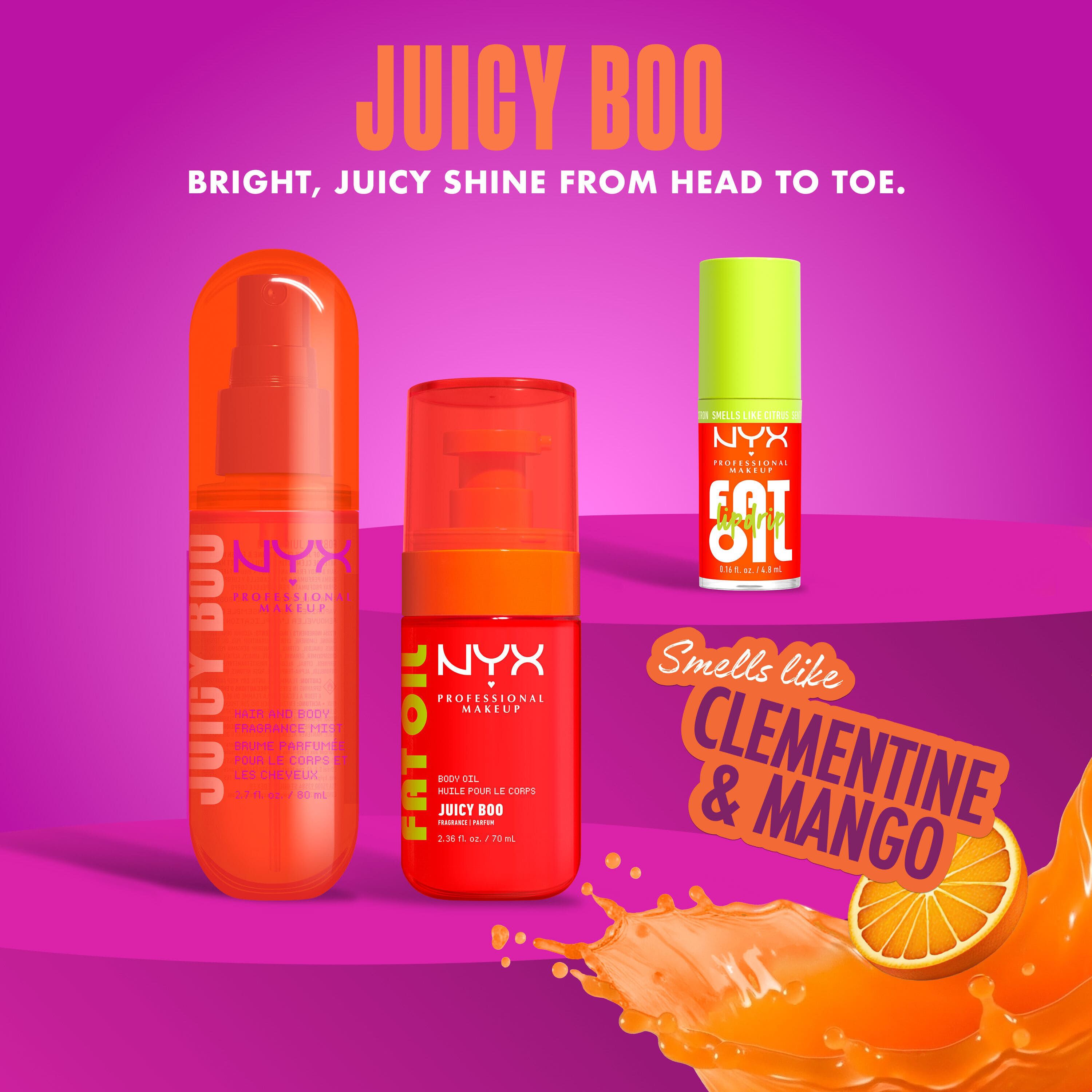 NYX Professional Makeup Fat Oil Juicy Boo collection product shot on purple background showing Fat Oil Lip Drip lip gloss and other Juicy Boo products with clementine and mango scent.