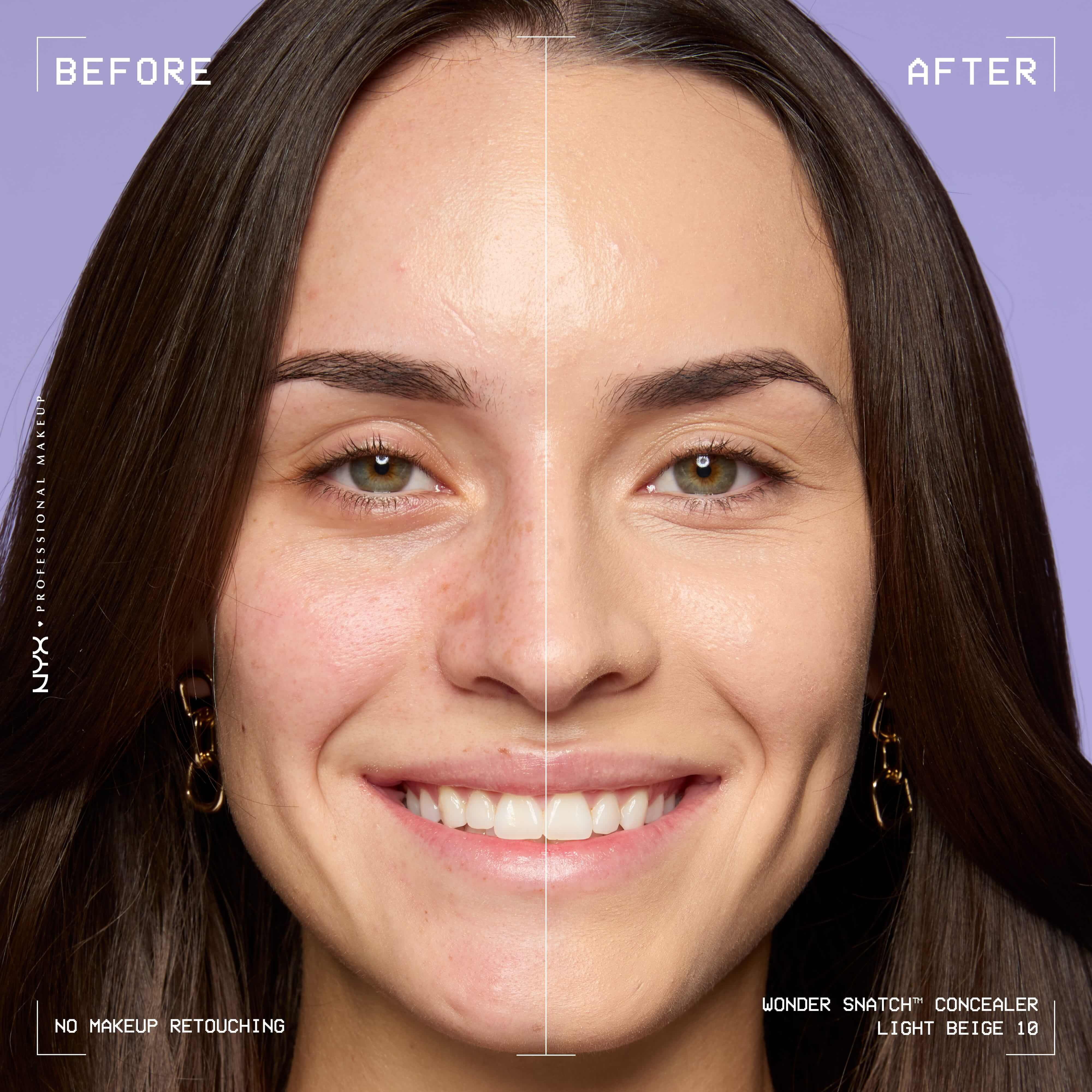 Before-and-after comparison of model wearing Wonder Snatch(TM) Concealer, showing brighter under-eyes and smoother-looking skin.