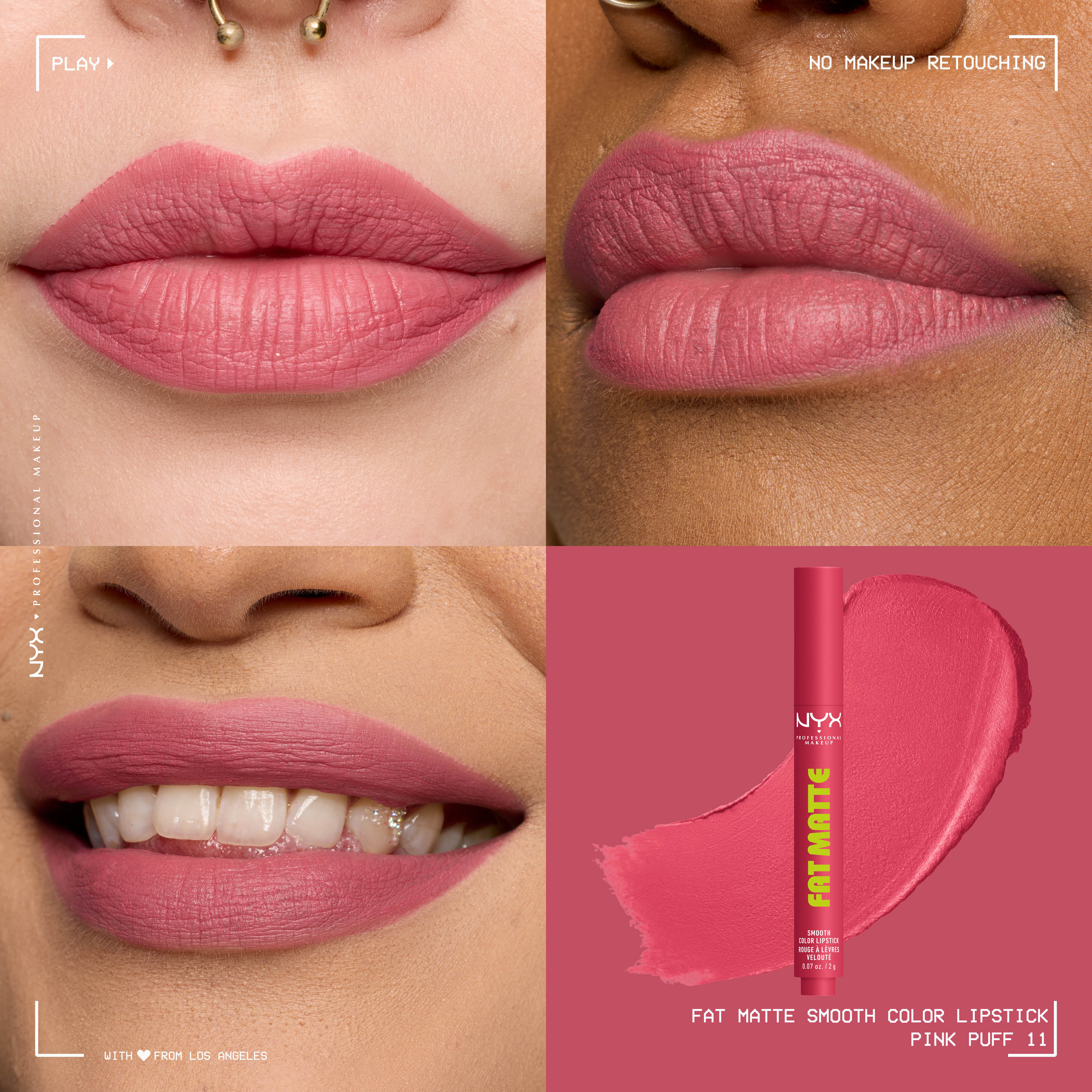 Four-panel grid showing NYX Professional Makeup Fat Matte Smooth Color Lipstick in shade Pink Puff on three diverse skin tones with a smooth, non-cakey matte finish, alongside the click-pen packshot and shade swatch.