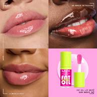 Collage of glossy lips on multiple skin tones wearing NYX Professional Makeup Fat Oil Lip Drip in Suga Baddie, alongside product tube and applicator showing high-shine hydrating finish.