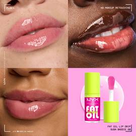 Collage of glossy lips on multiple skin tones wearing NYX Professional Makeup Fat Oil Lip Drip in Suga Baddie, alongside product tube and applicator showing high-shine hydrating finish.