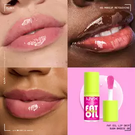Collage of glossy lips on multiple skin tones wearing NYX Professional Makeup Fat Oil Lip Drip in Suga Baddie, alongside product tube and applicator showing high-shine hydrating finish.