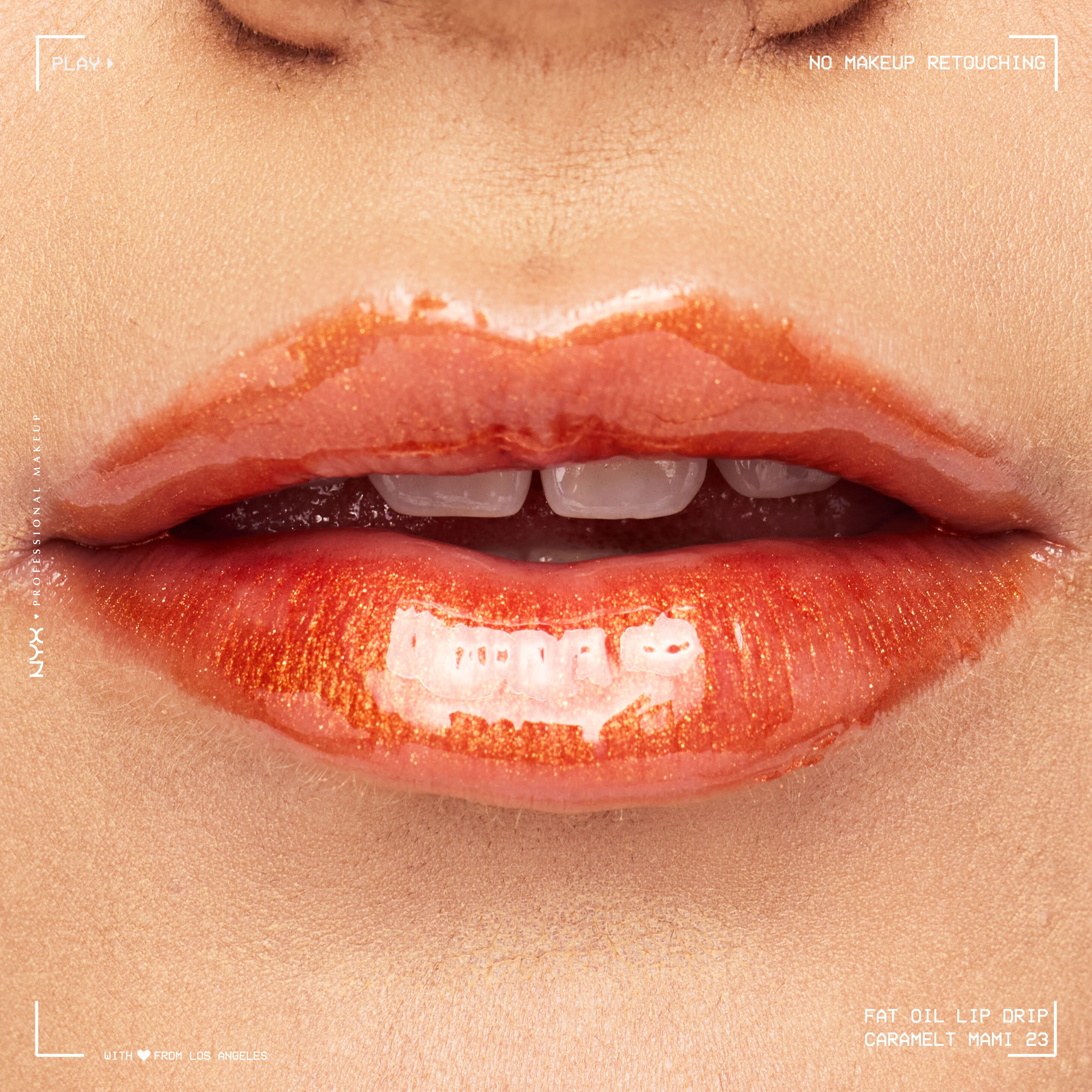 NYX Professional Makeup Fat Oil Lip Drip in Caramelt Mami applied on lips, showing glossy bronze shimmer finish with high shine and hydration on medium skin tone.