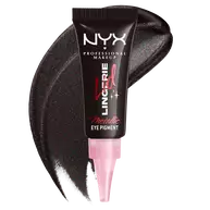 NYX Professional Makeup Party Animals Lid Lingerie Cream Eye Pigment in Gothic Garter, shown with a deep metallic black swatch.