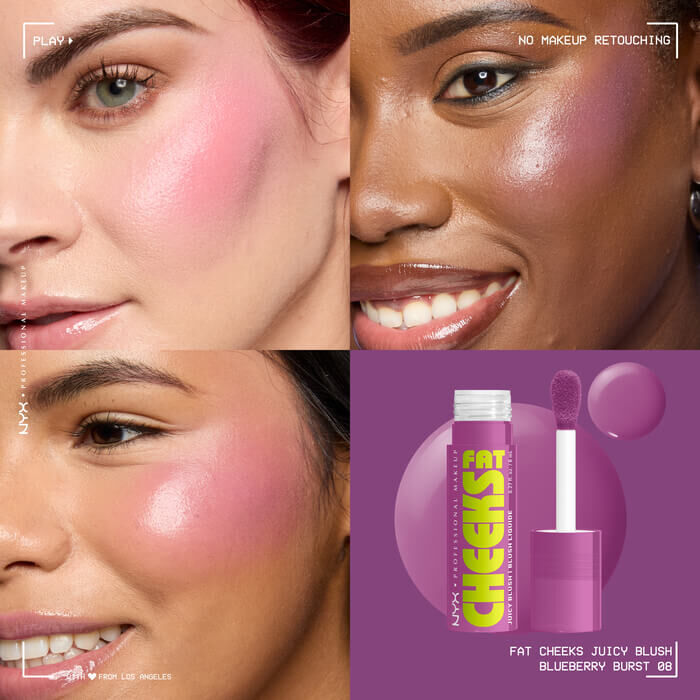 Fat Cheeks Juicy Blush liquid blush in shade Blueberry Burst on three different models along with packshot of blush