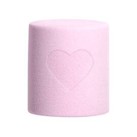 The Marshmellow Makeup Face Blender. A small pink sponge in the form of a cylinder with a carved out heart in the middle. 