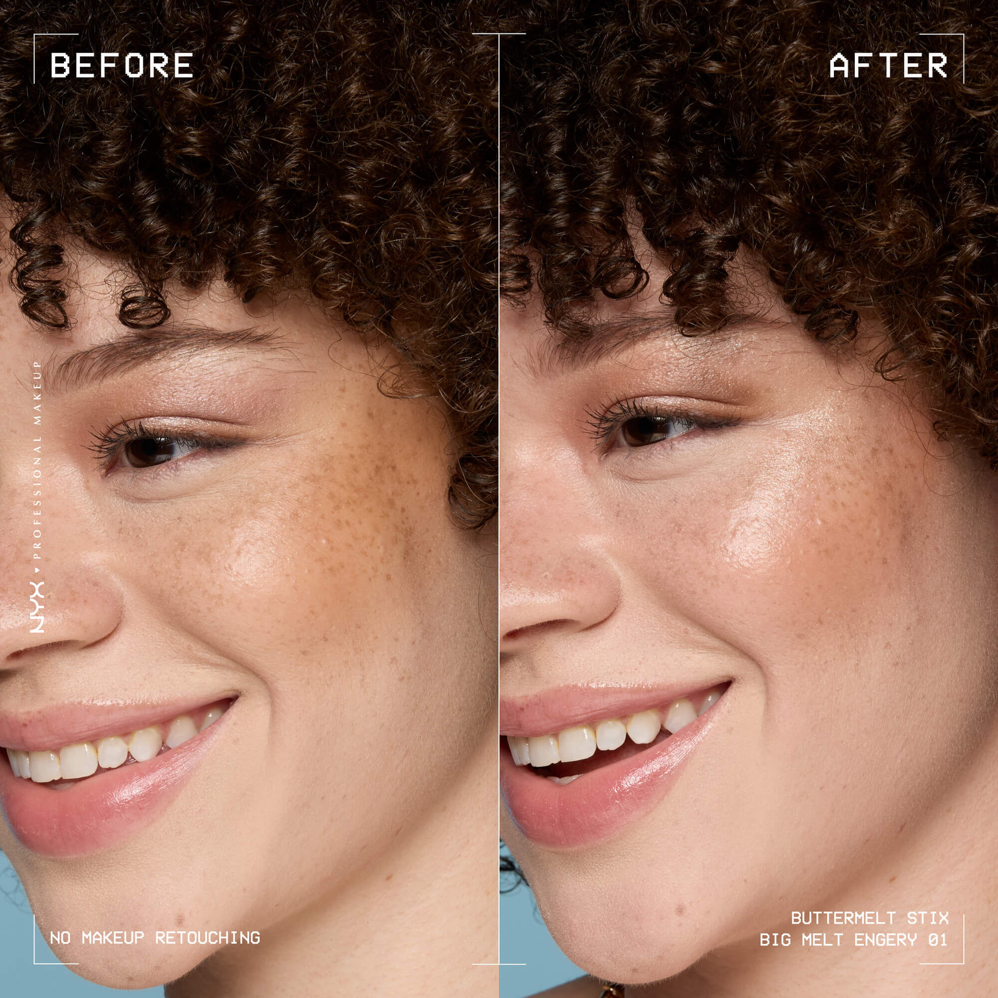 Before and after side-by-side of model wearing Buttermelt Stix Big Melt Energy 01