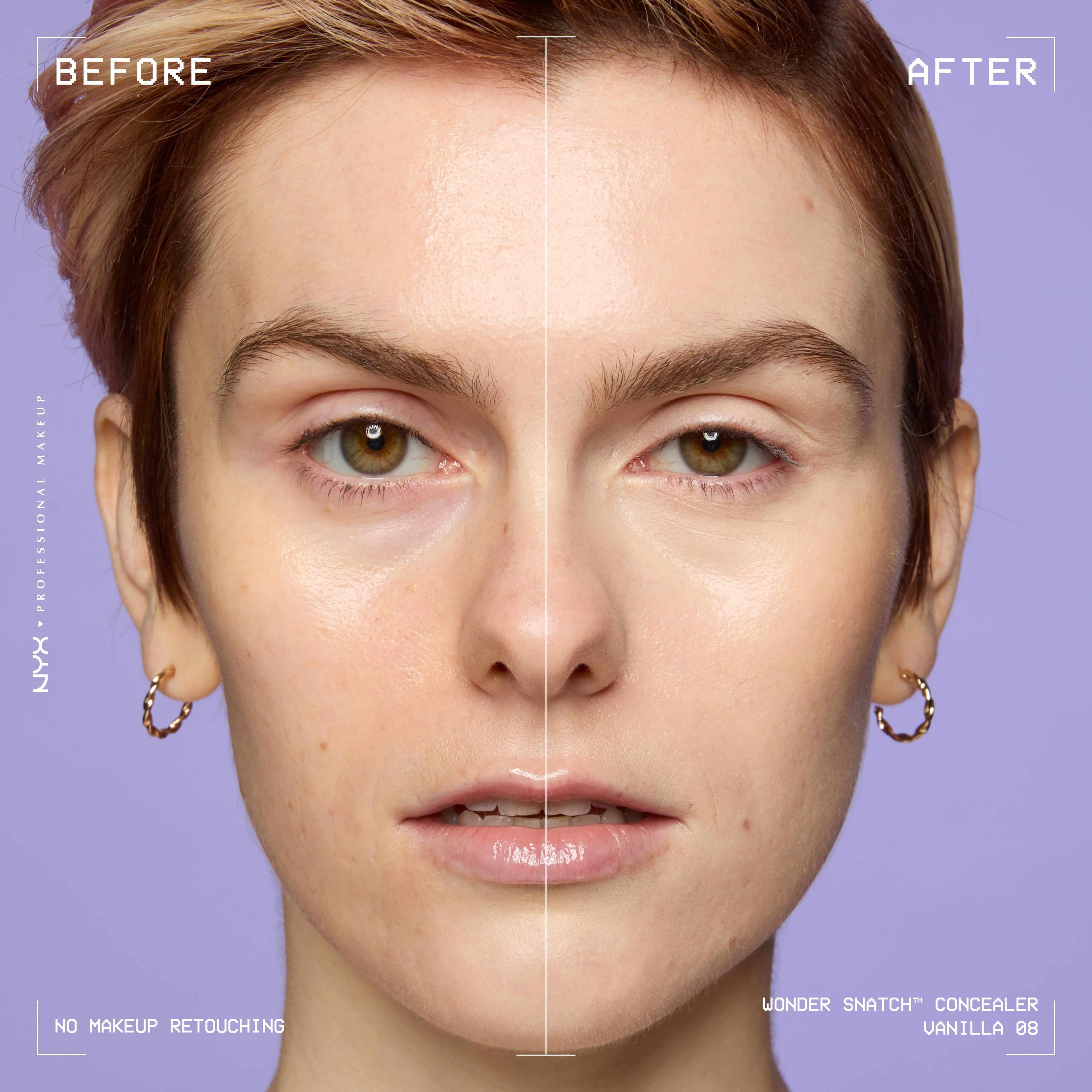 Before-and-after comparison of model wearing Wonder Snatch(TM) Concealer, showing brighter under-eyes and smoother-looking skin.