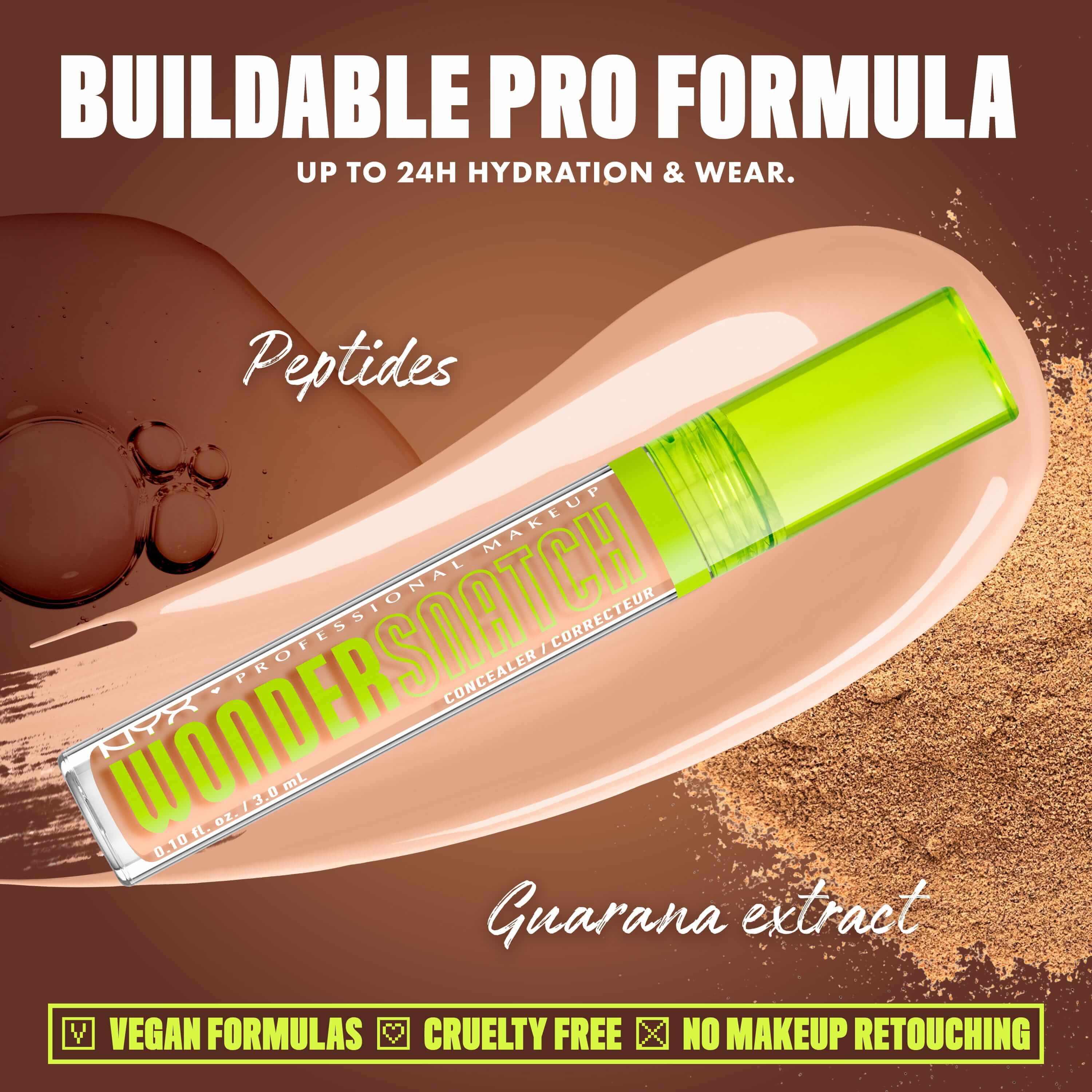 Wonder Snatch(TM) Concealer image with text: "Buildable Pro Formula. Up to 24H Hydration & Wear. Peptides. Guarana extract. Vegan Formulas. Cruelty Free. No Makeup Retouching."