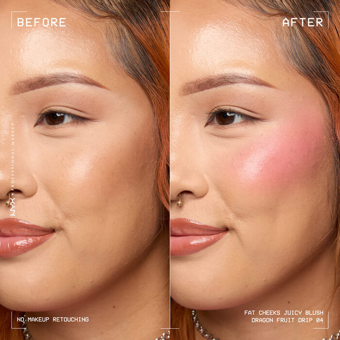 Model before and after applying Fat Cheeks liquid blush in shade Dragon Fruit Drip