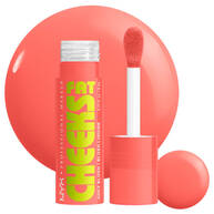Fat Cheeks Liquid Blush in shade Papaya Plump, a warm coral shade, on white background with product swatch