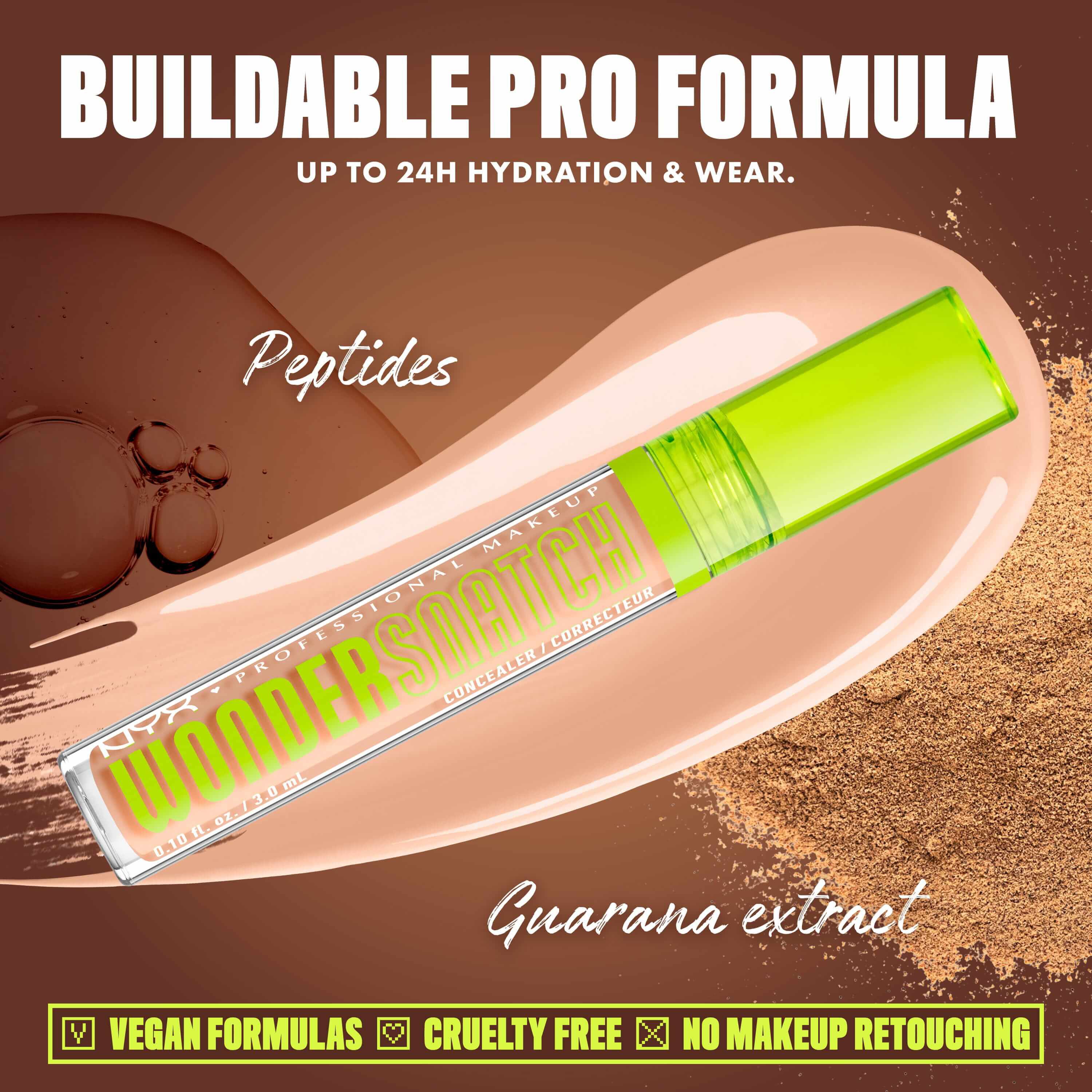 Wonder Snatch(TM) Concealer image with text: "Buildable Pro Formula. Up to 24H Hydration & Wear. Peptides. Guarana extract. Vegan Formulas. Cruelty Free. No Makeup Retouching."