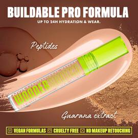 Wonder Snatch(TM) Concealer image with text: "Buildable Pro Formula. Up to 24H Hydration & Wear. Peptides. Guarana extract. Vegan Formulas. Cruelty Free. No Makeup Retouching."