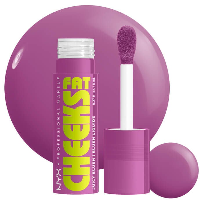 Fat Cheeks Liquid Blush in shade Blueberry Burst, a berry purple shade, on white background with product swatch