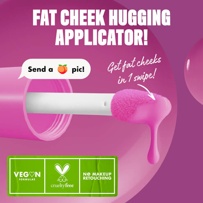 Closeup of the Fat Cheeks liquid blush applicator in shade Blueberry Burst with text "get fat cheeks in 1 swipe!"