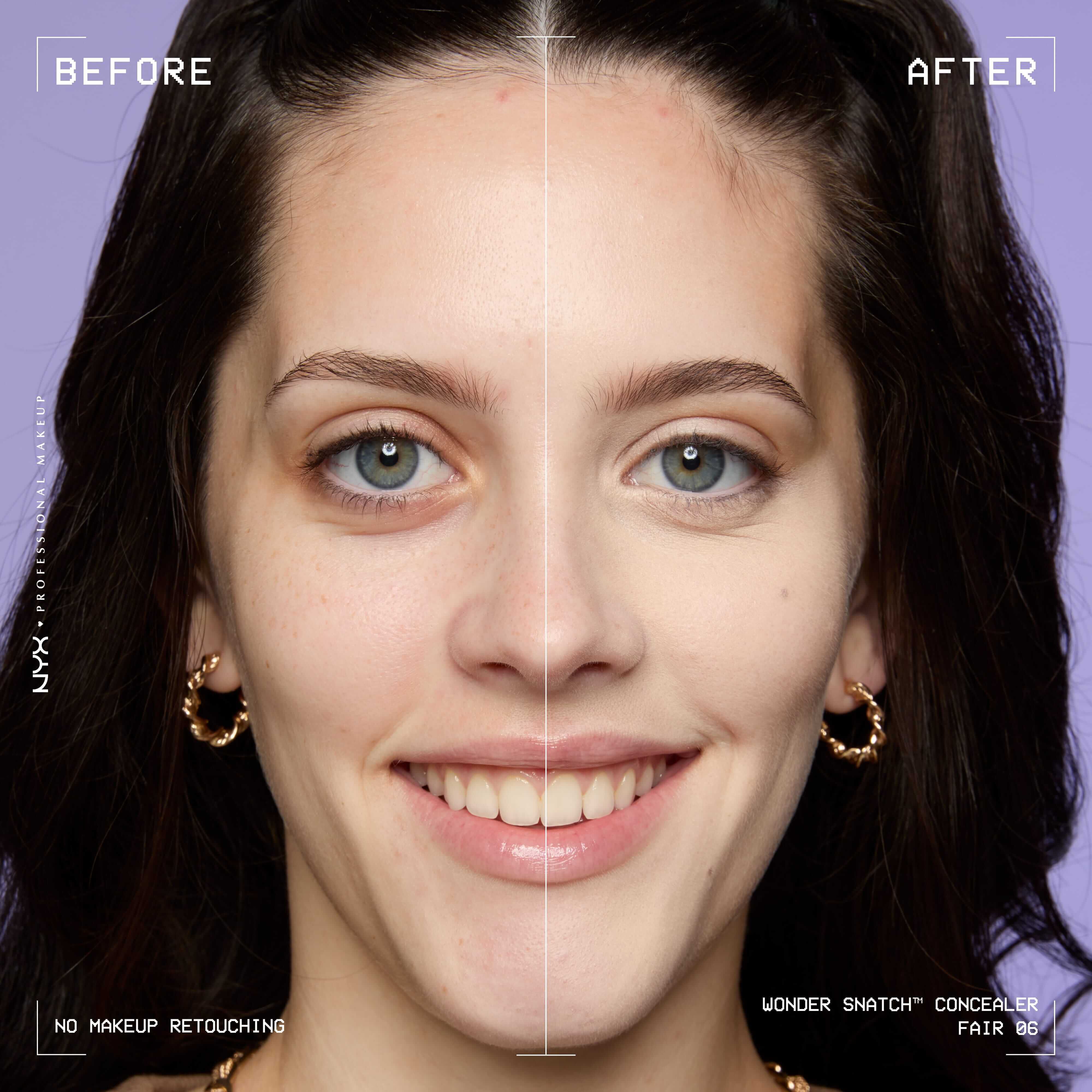 Before-and-after comparison of model wearing Wonder Snatch(TM) Concealer, showing brighter under-eyes and smoother-looking skin.