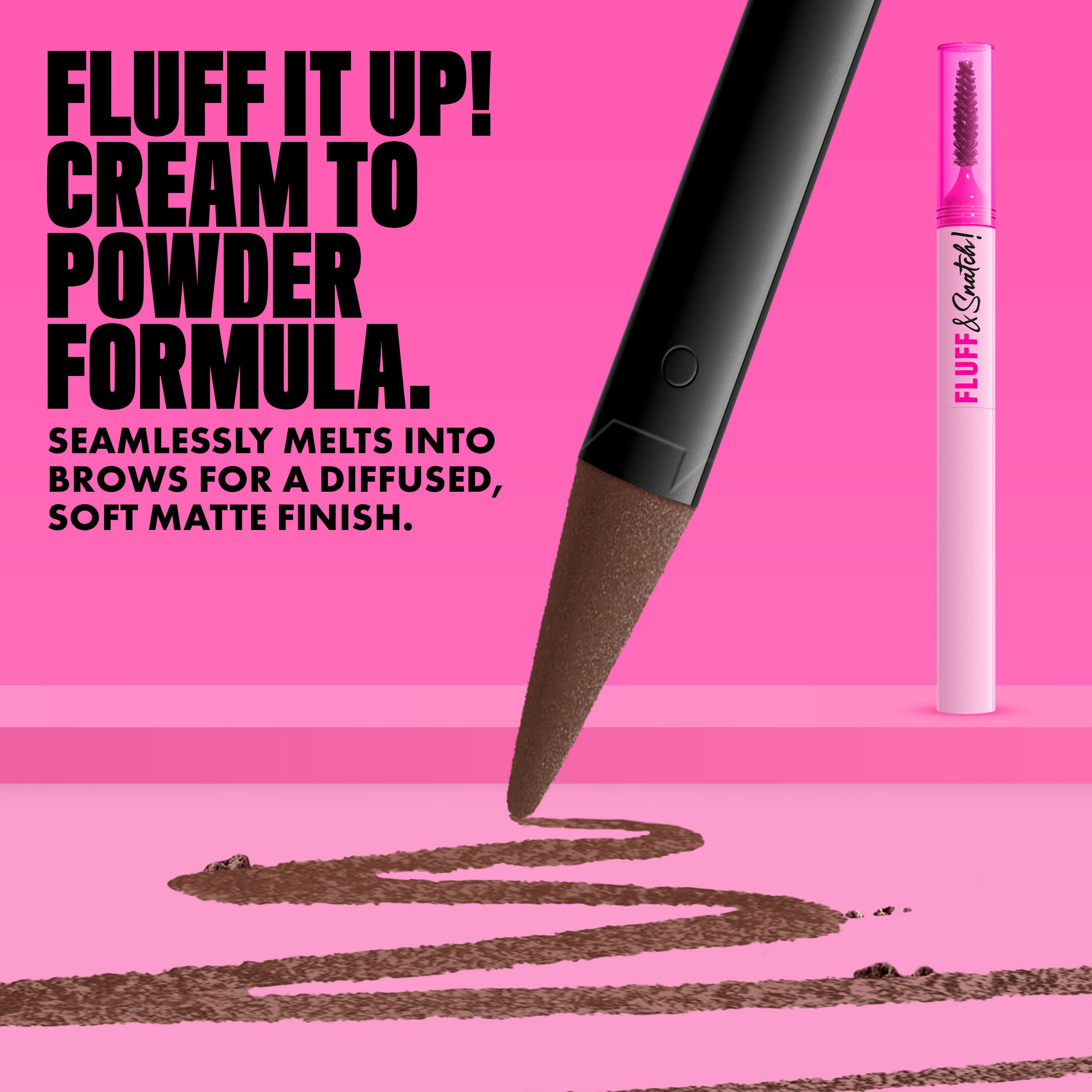 NYX Fluff and Snatch Brow Powder Pen with product swatch and benefits text on a pink background in shade 05 Cool Ash Brown