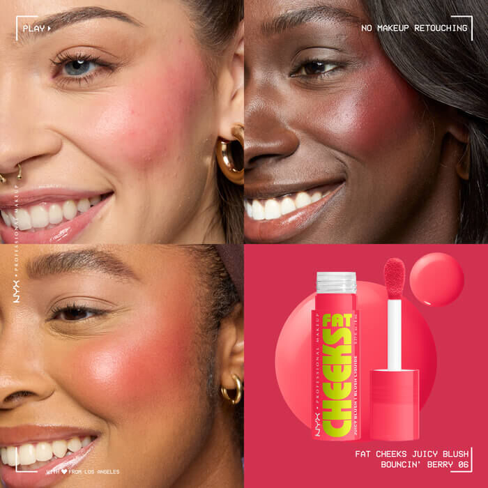 Fat Cheeks Juicy Blush liquid blush in shade Bouncin' Berry on three different models along with packshot of blush