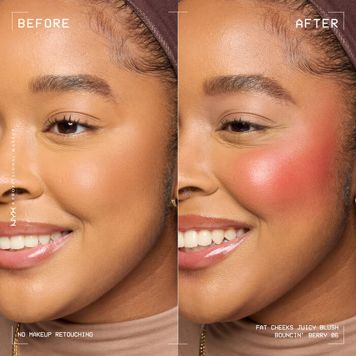 Model before and after applying Fat Cheeks liquid blush in shade Bouncin' Berry