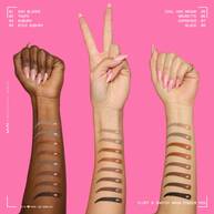 Three arms with different skin tones, each showing multiple NYX Fluff and Snatch Brow Powder Pen swatches.