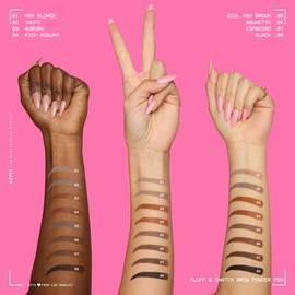 Three arms with different skin tones, each showing multiple NYX Fluff and Snatch Brow Powder Pen swatches.