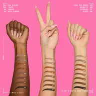 Three arms with different skin tones, each showing multiple NYX Fluff and Snatch Brow Powder Pen swatches.