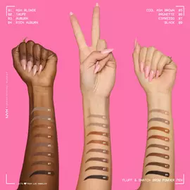 Three arms with different skin tones, each showing multiple NYX Fluff and Snatch Brow Powder Pen swatches.