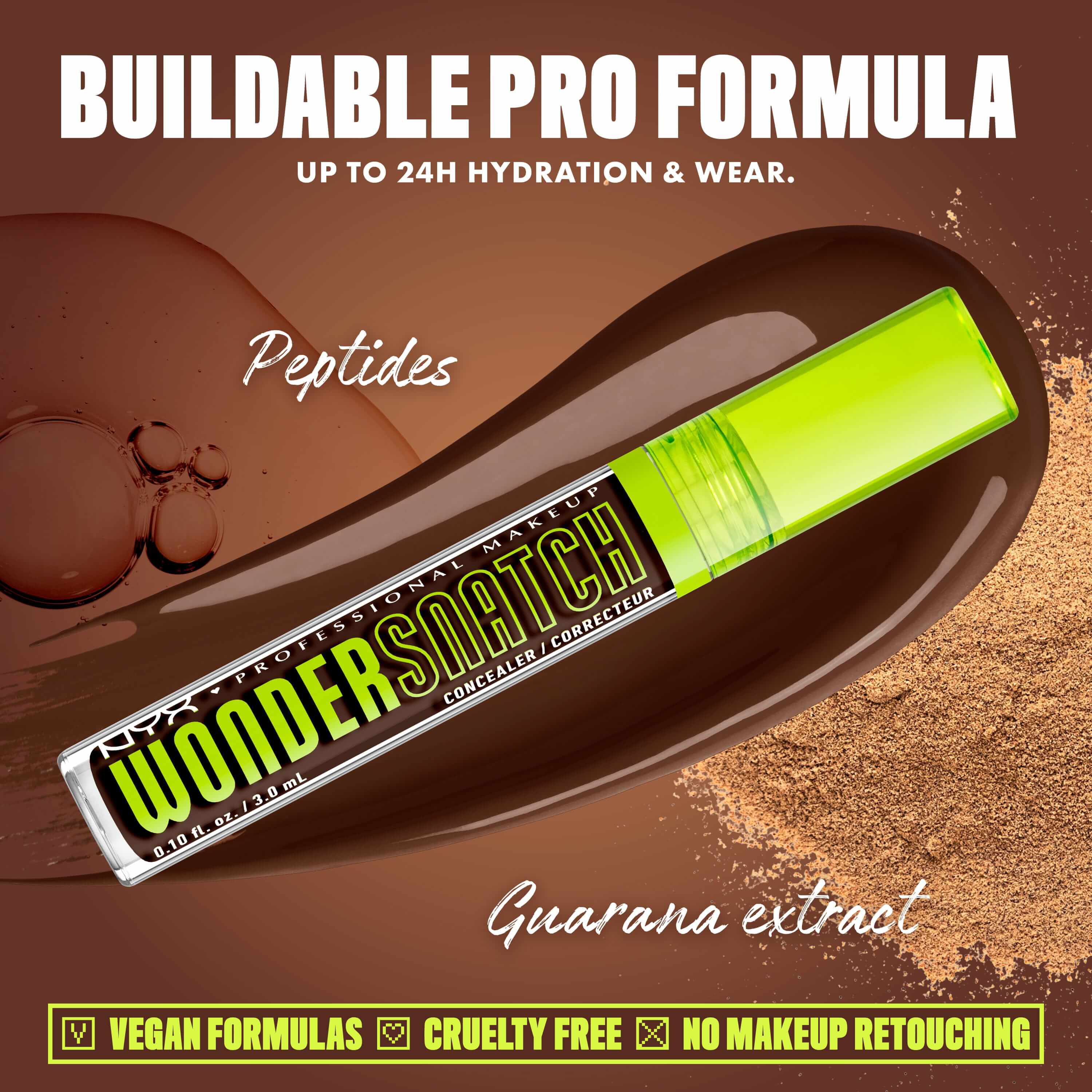Wonder Snatch(TM) Concealer image with text: "Buildable Pro Formula. Up to 24H Hydration & Wear. Peptides. Guarana extract. Vegan Formulas. Cruelty Free. No Makeup Retouching."