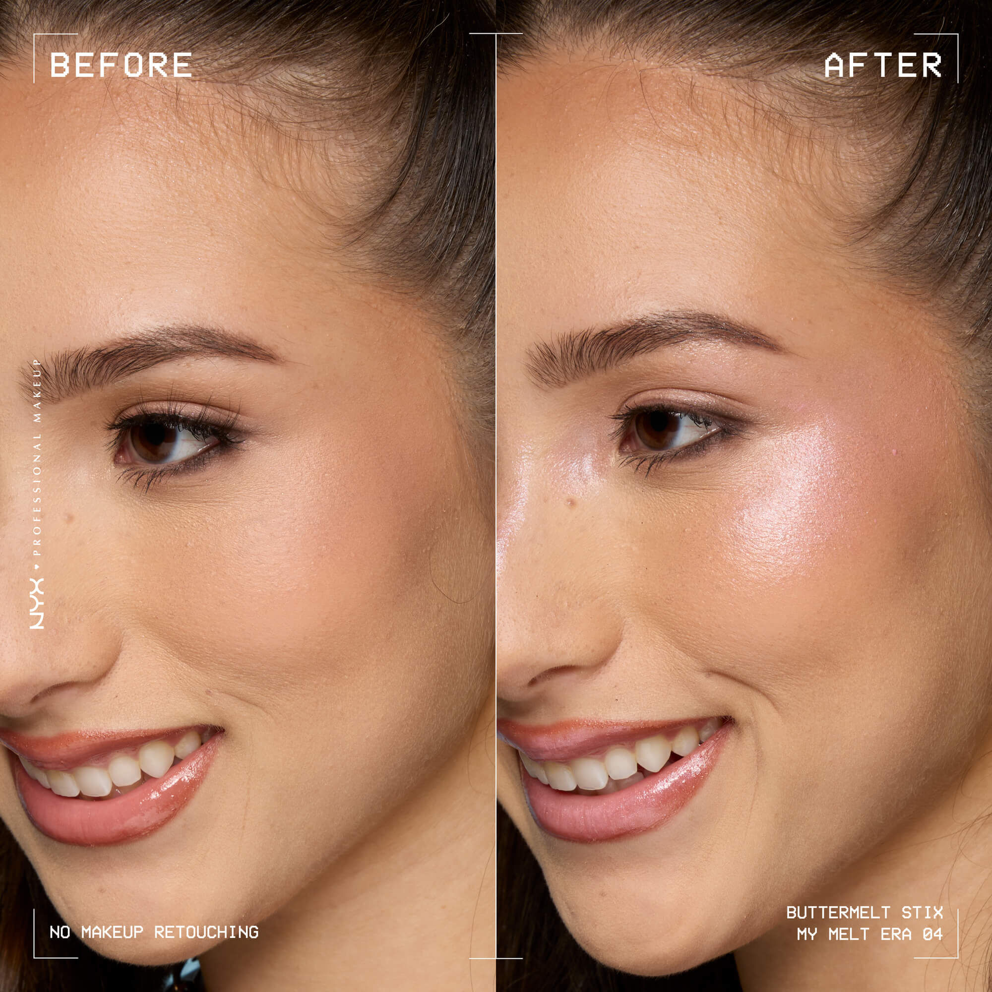 Before and after of model wearing NYX Buttermelt Stix My Melt Era 04 with dewy pink glow and “No Makeup Retouching” text