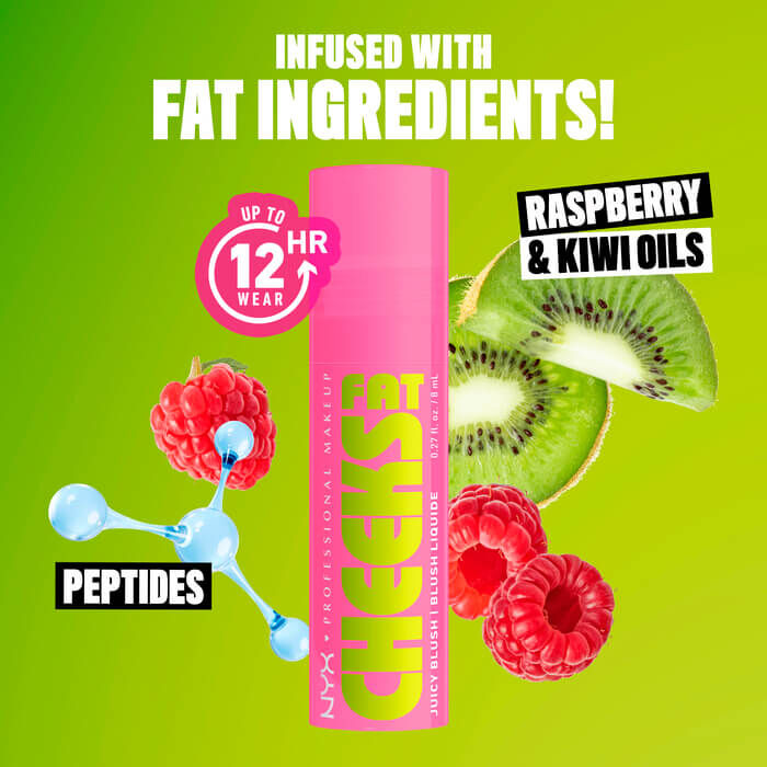 Fat Cheeks Juicy Blush with kiwis, raspberries, and artistic rendering of peptides to show hydrating ingredients