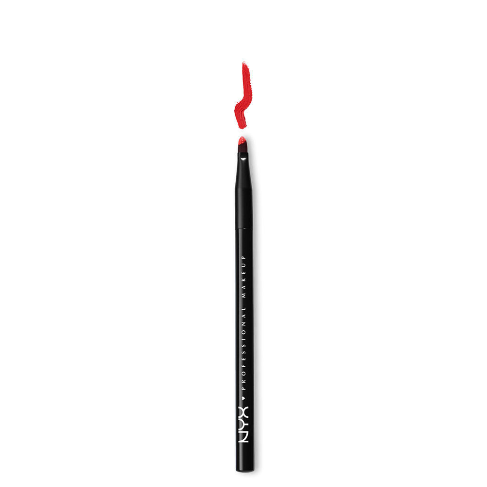 The all purpose Pro Lip Brush by NYX Professional Makeup. A slim black pen-like brush drawing a curved stroke of red.  