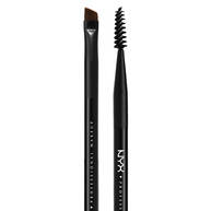 The Pro Dual Brow Brush made by NYX Cosmetics. Here the two ends of the pen-like brush are show side by side. On the left an angled cut brush for precision application with cream or powder products and a spoolie brush for blending and shaping.