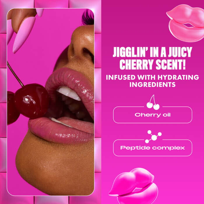 A close up image of a model holding a cherry close to their mouth and a lip macro of a model with Jelly Job on highlighting the cherry scent fragrance