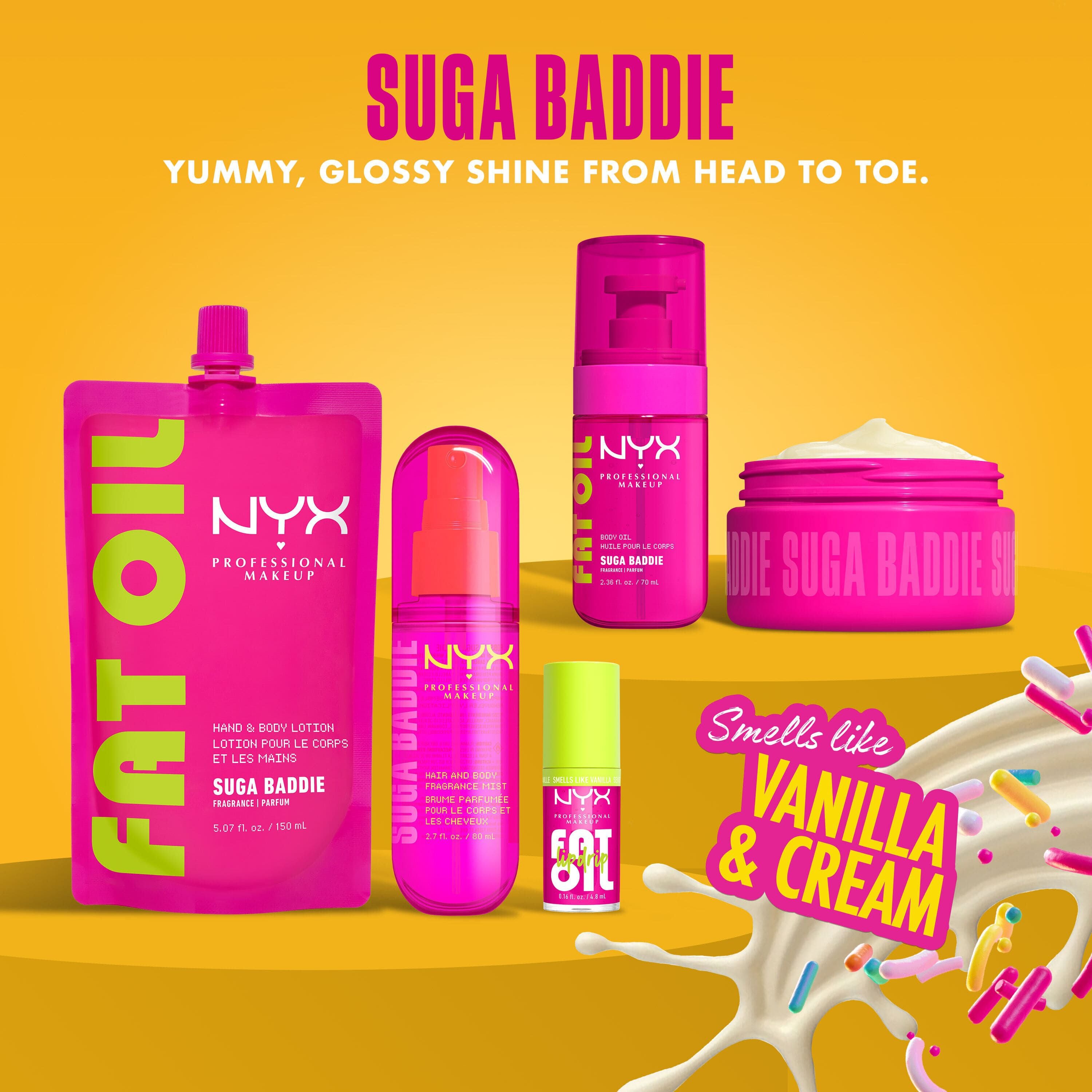 NYX Professional Makeup Fat Oil Suga Baddie collection product shot on yellow/orange background showing Fat Oil Lip Drip lip gloss and other Suga Baddie products.