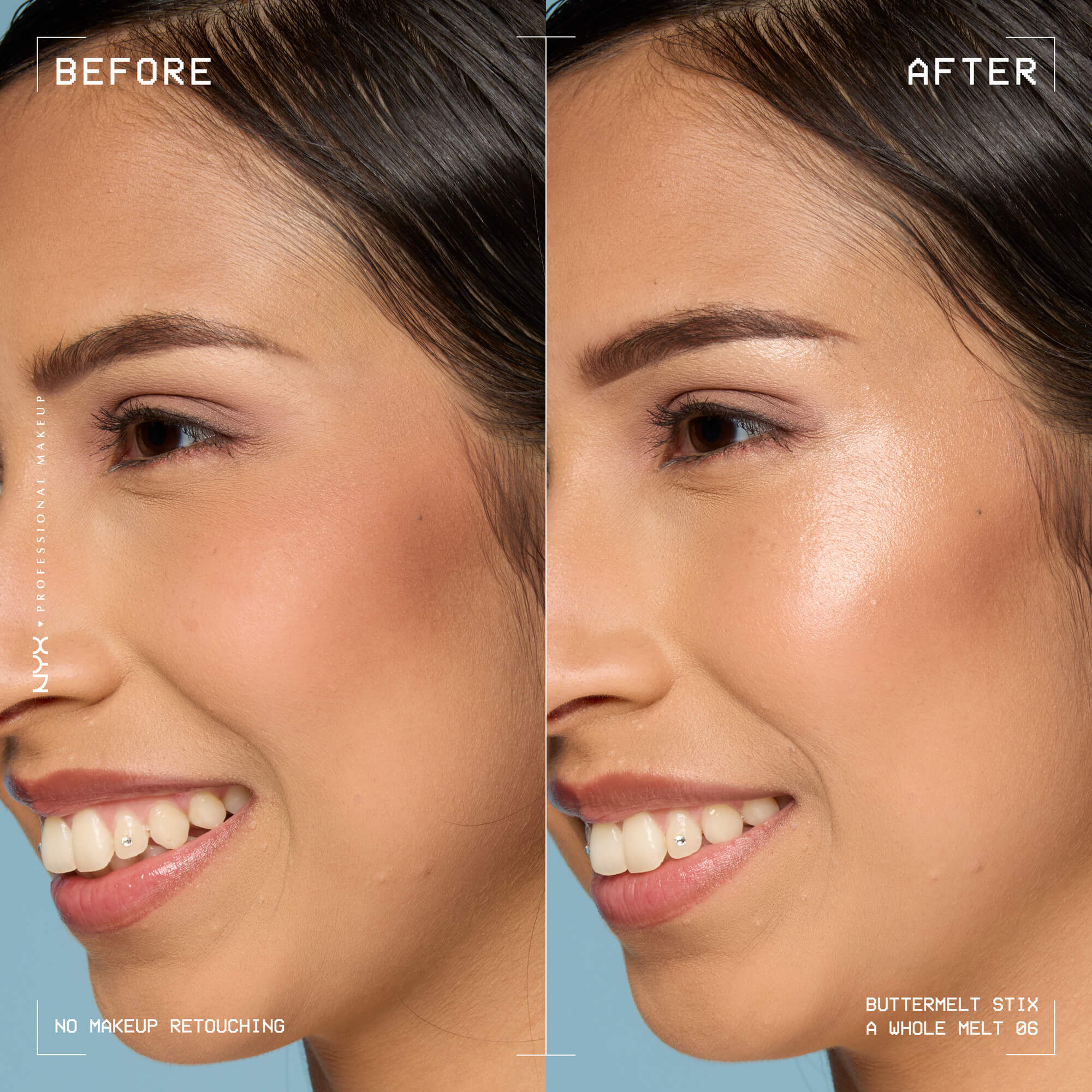 Before and after of model wearing NYX Buttermelt Stix A Whole Melt 06 showing luminous golden glow, “No Makeup Retouching” text