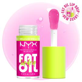 NYX Professional Makeup Fat Oil Lip Drip lip gloss in pink-tinted & vanilla-scented shade Suga Baddie, shown with applicator and open tube against soft pink glossy background.