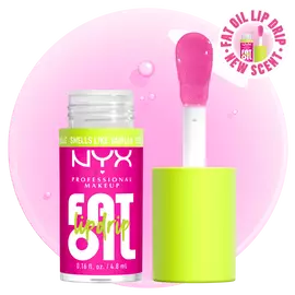 NYX Professional Makeup Fat Oil Lip Drip lip gloss in pink-tinted & vanilla-scented shade Suga Baddie, shown with applicator and open tube against soft pink glossy background.
