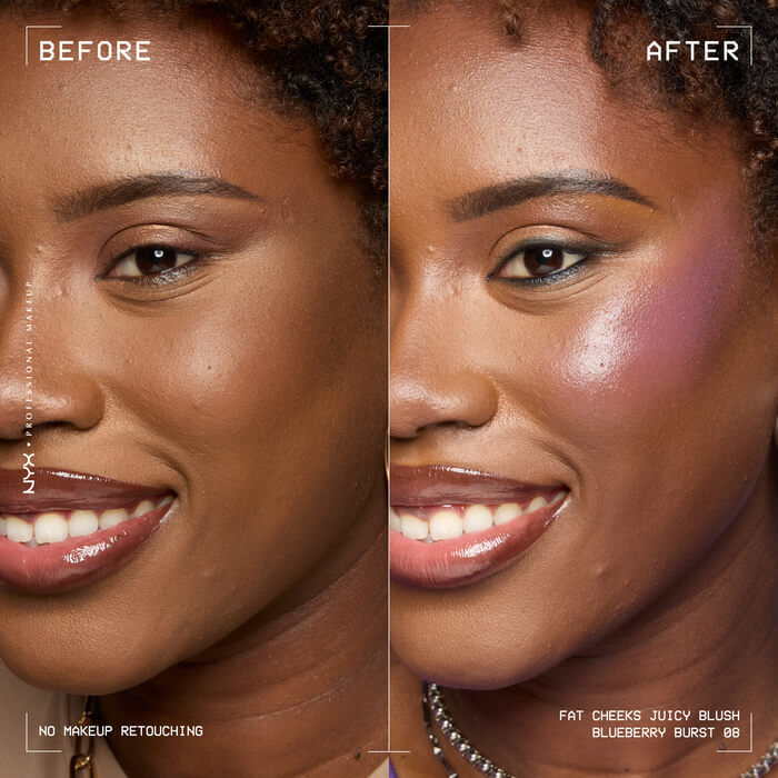 Model before and after applying Fat Cheeks liquid blush in shade Blueberry Burst