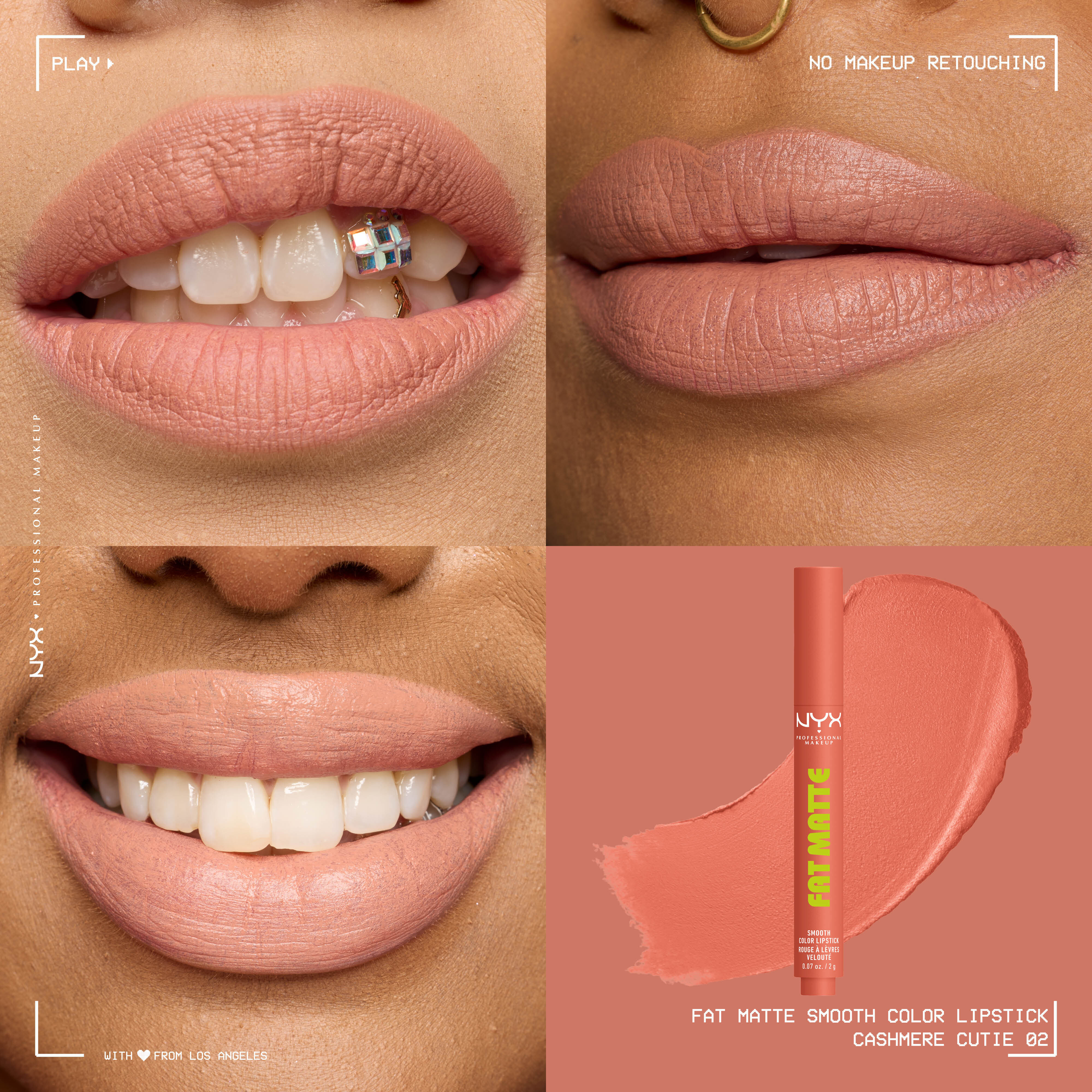 Four-panel grid showing NYX Professional Makeup Fat Matte Smooth Color Lipstick in shade Cashmere Cutie on three diverse skin tones with a smooth, non-cakey matte finish, alongside the click-pen packshot and shade swatch.