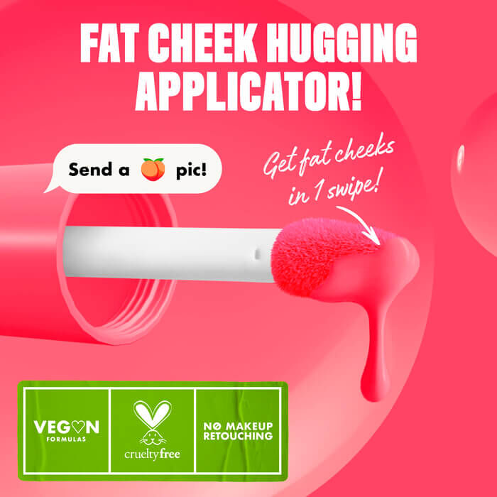 Closeup of the Fat Cheeks liquid blush applicator in shade Guava Gush with text "get fat cheeks in 1 swipe!"