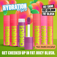 All shades of Fat Cheeks blush lined up with Blueberry Burst open to show applicator and text "hydration up to 24H"