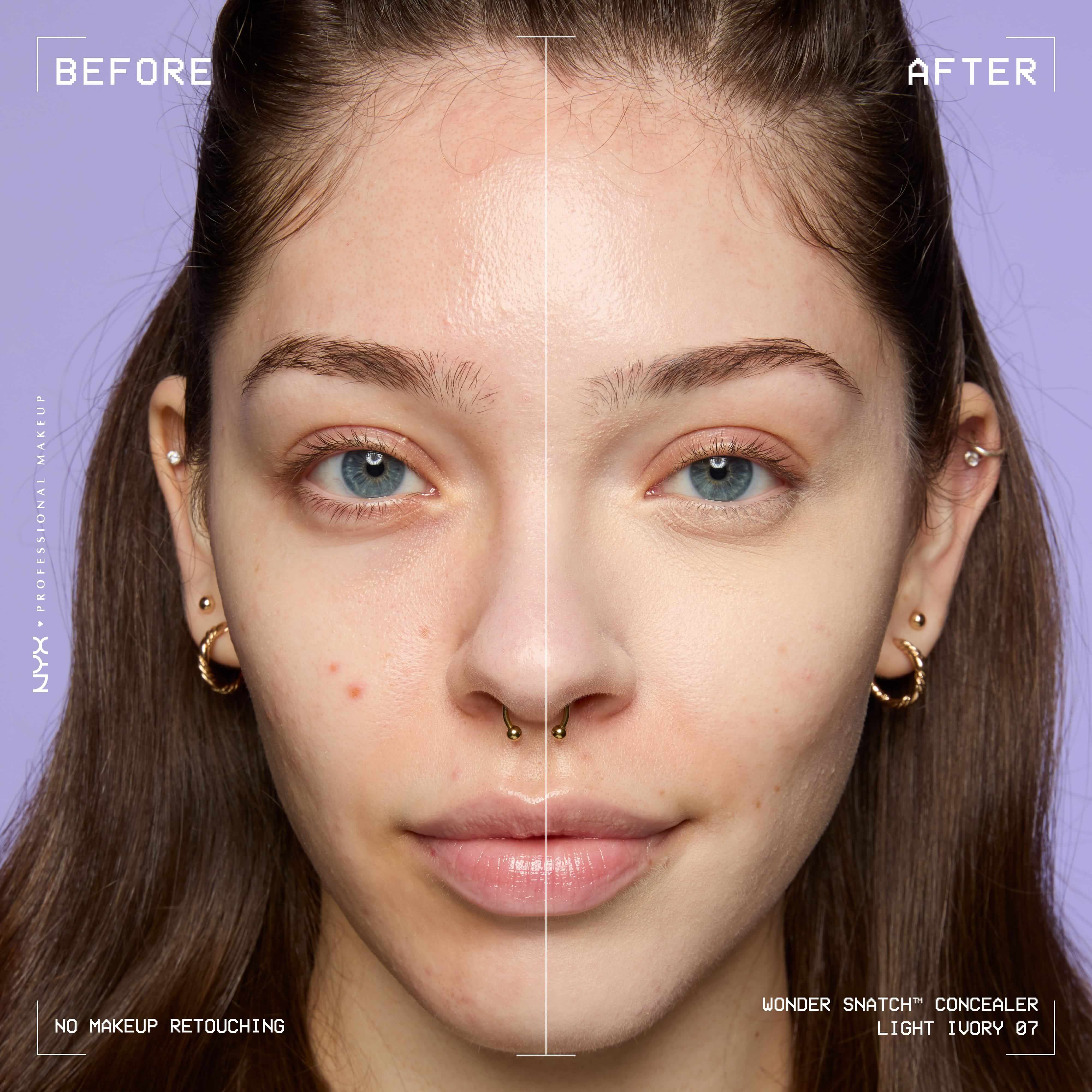 Before-and-after comparison of model wearing Wonder Snatch(TM) Concealer, showing brighter under-eyes and smoother-looking skin.