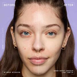 Before-and-after comparison of model wearing Wonder Snatch(TM) Concealer, showing brighter under-eyes and smoother-looking skin.